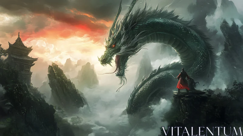 Dragon coils through misty peaks as lone warrior confronts fate.