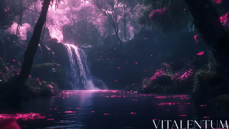 Enchanted waterfall pool under vivid pink forest light.