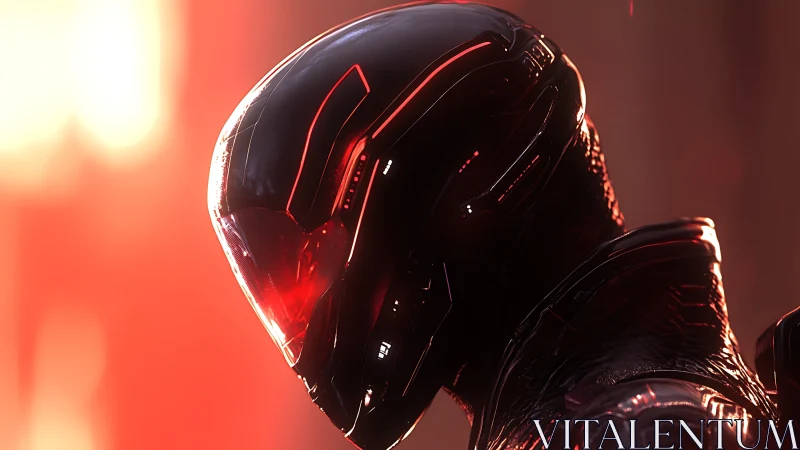 Futuristic armored helmet in red sci fi lighting profile