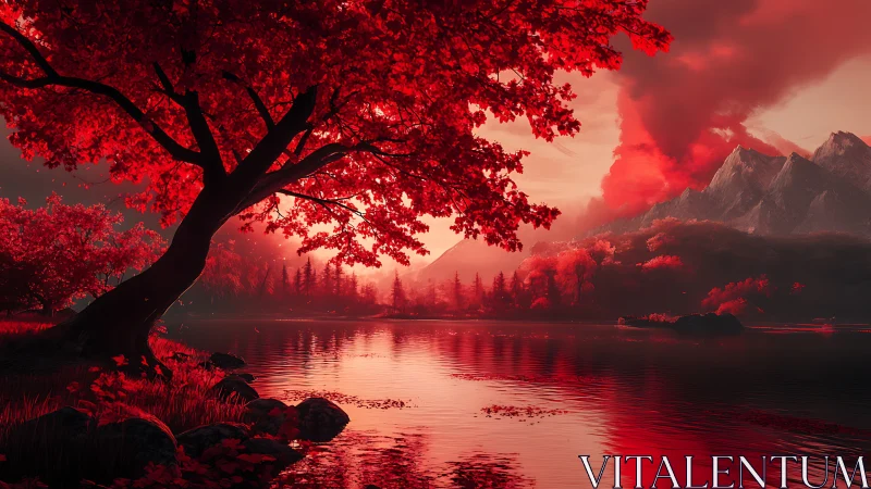 Crimson lakeside tree glows against dramatic smoking peaks