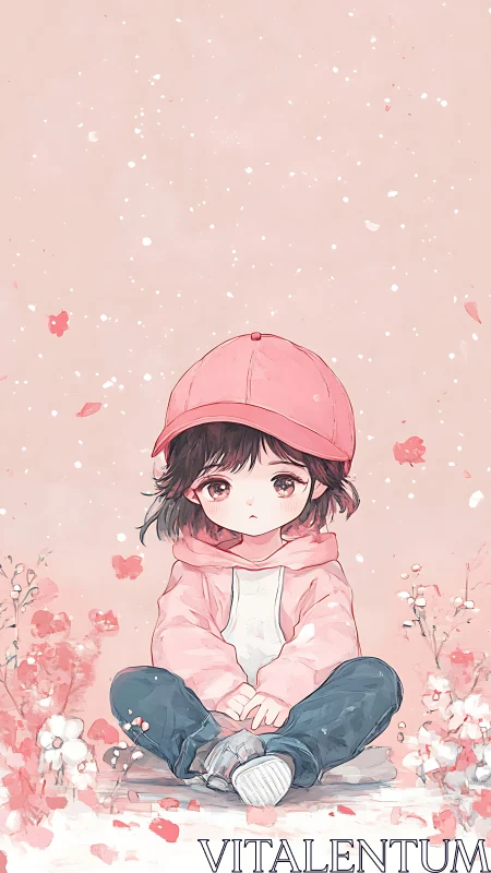 Soft pastel anime portrait depicts seated child in pink tones