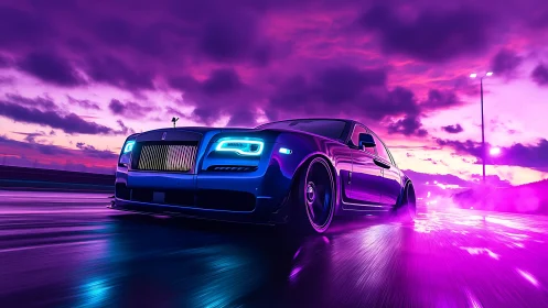 Luxury sedan racing on wet neon highway at sunset.