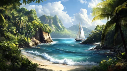 Sailboat Glides Through Emerald Cove's Turquoise Waters