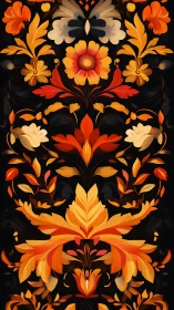 Symmetrical orange floral pattern on dark background.