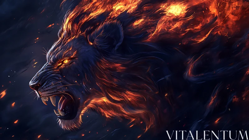 Fiery lion spirit roaring with glowing embers and power.