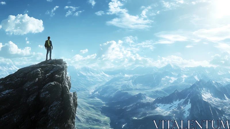 Solitary mountaineer surveys expansive sunlit alpine range