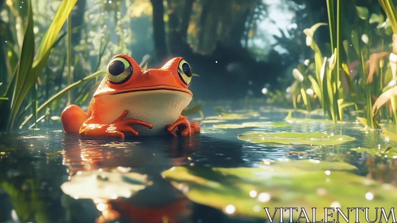 Colorful frog rests in sunlit pond amid lush wetland plants.