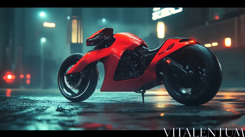 Futuristic red superbike dominates neon city streetscape.