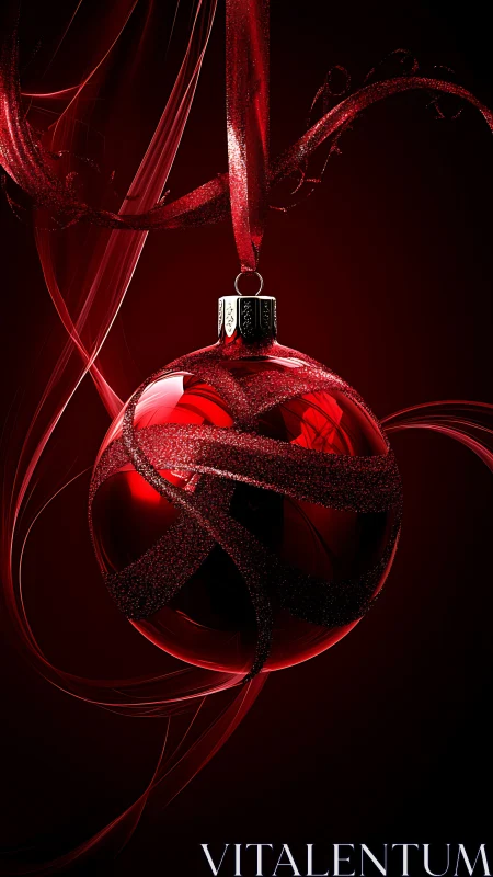Red glass ornament glows against dark festive background.