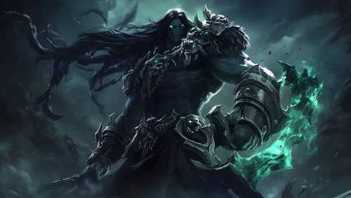 Armored dark warrior holds glowing spectral axe in storm