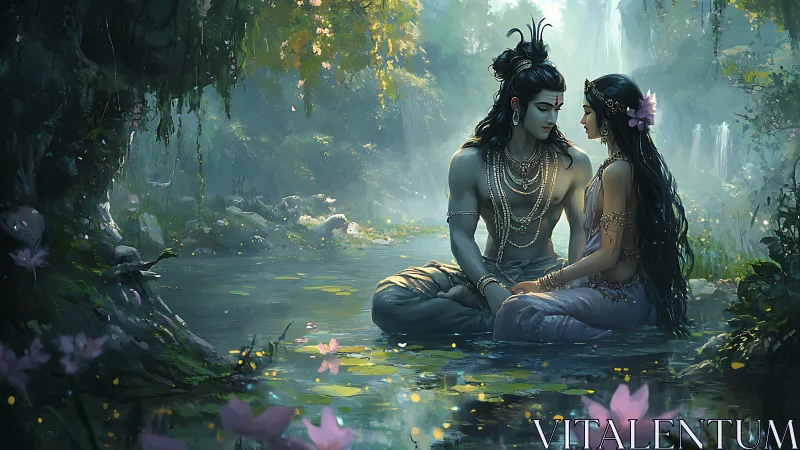 Enchanted lovers share a quiet moment beside a forest pool
