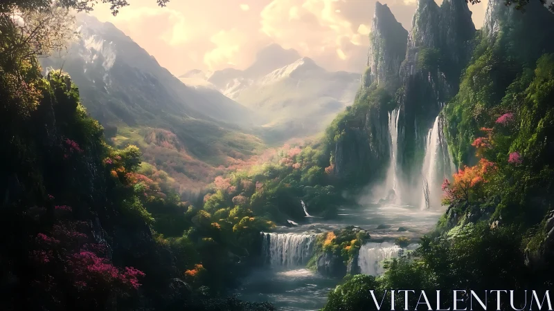 Enchanted mountain valley with cascading ethereal waterfalls.