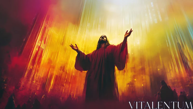 Mystic robed figure ascends within radiant golden light