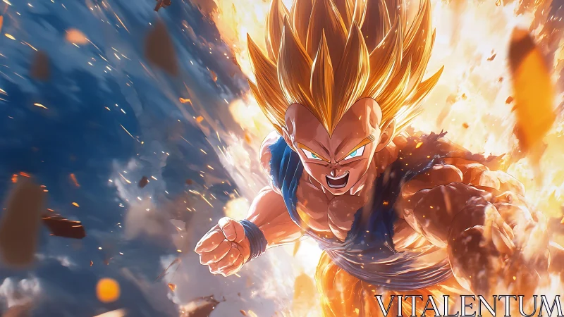 Blazing warrior surges forward wrapped in explosive golden power