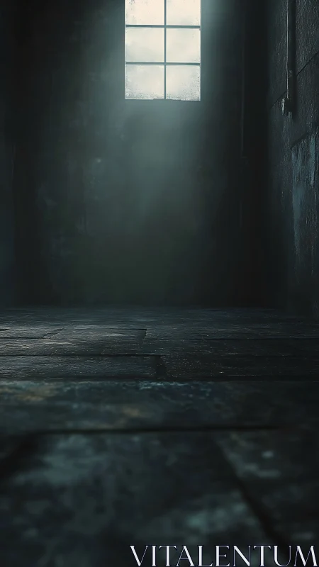 Dim empty stone room with high frosted window and haze.