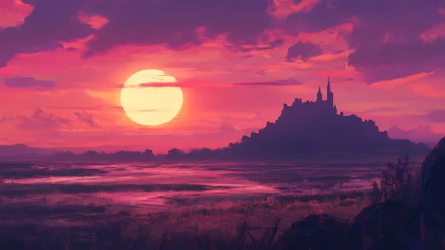 Silhouetted castle against large setting sun over wetlands.