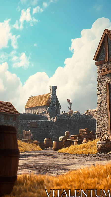 Medieval stone village courtyard shows barrels and yellow grass