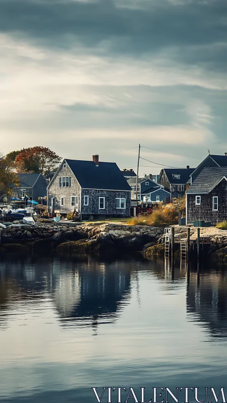 Harbor cottages reflect on calm autumn coastal inlet.