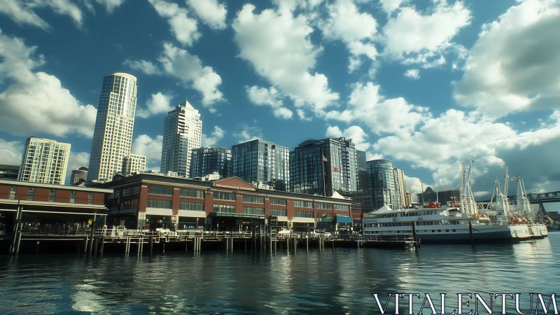 Harborfront city skyline reflects across calm urban waterfront