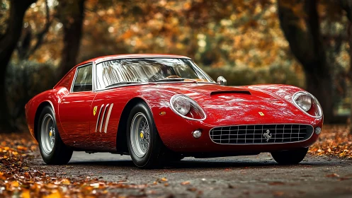 Classic red Ferrari coupe under golden autumn canopy.