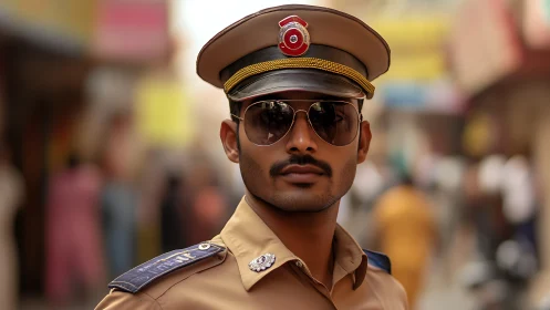 Confident traffic officer stands watch in a busy street market.