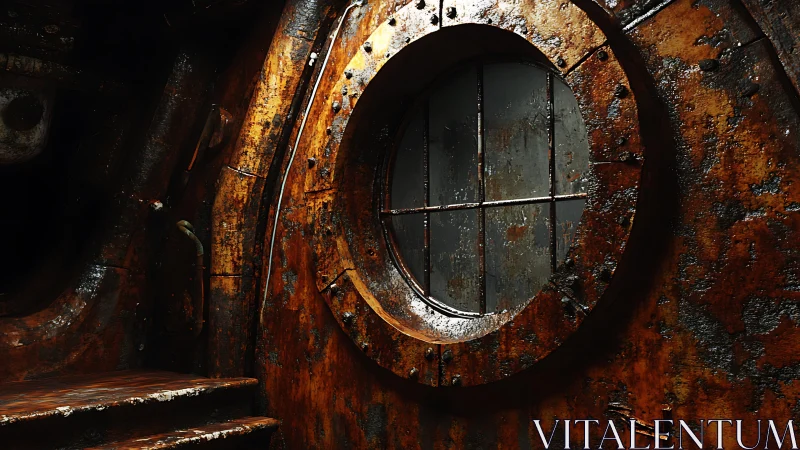 Corroded submarine bulkhead with riveted circular viewport detail.