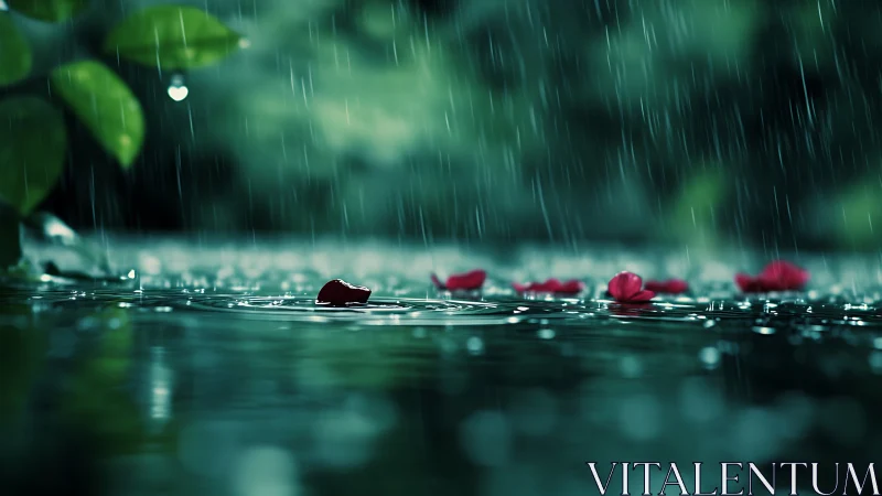 Fallen red petals floating on rain rippled water surface.