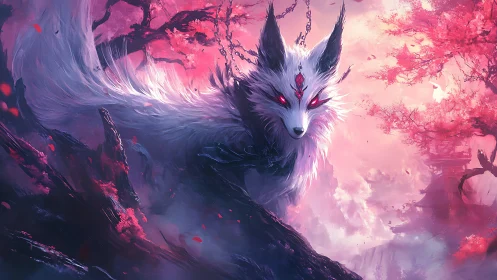 White fox-like creature is positioned among pink foliage