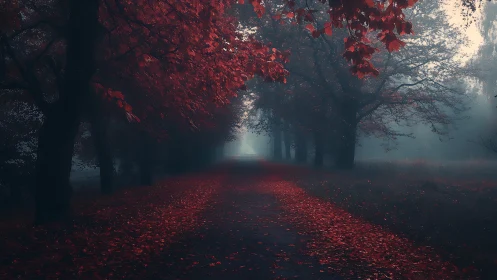 Foggy tree-lined avenue with dense crimson autumn canopy