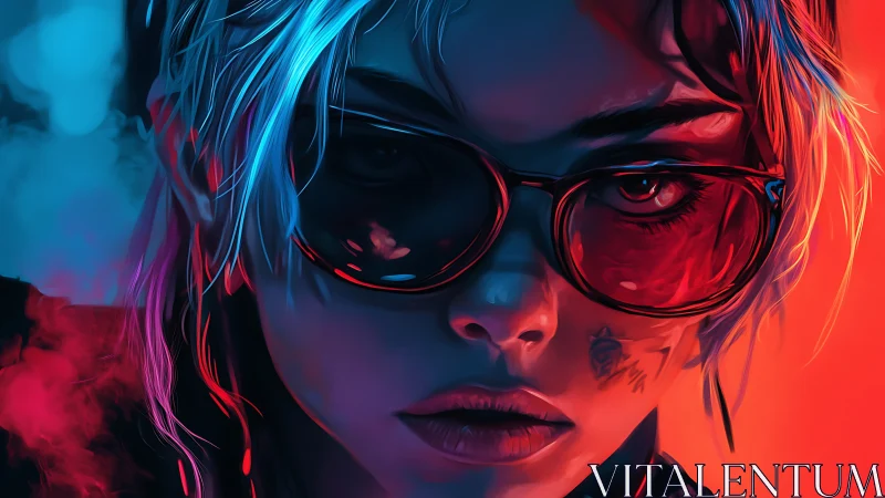 Neon lit portrait of intense woman in red sunglasses.