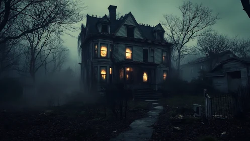 Gloomy old house glows softly through a deep evening fog