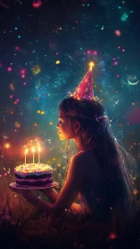 Girl Celebrating with Glowing Birthday Cake in Magical Cosmic Scene