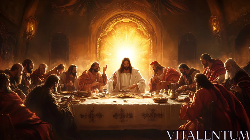 Dramatic last supper scene with central radiant figure.