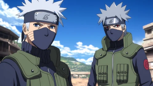 Dual masked shinobi operatives in tactical village landscape.