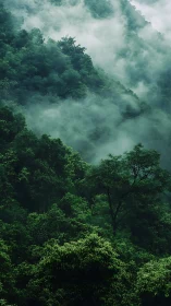 Misty Mountain Landscape with Layered Vegetation and Atmospheric Fog