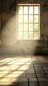 Sunlit rustic window casting soft shadows on tiled floor.