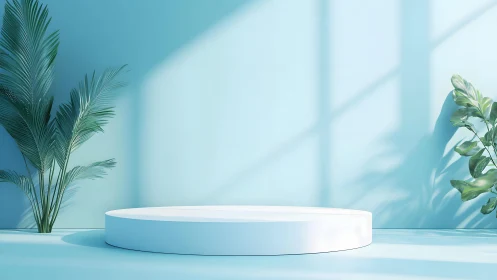 Minimalist round pedestal with tropical plants in soft blue light.