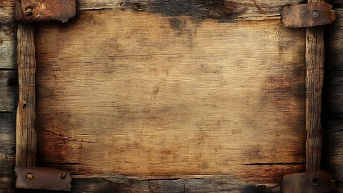 Weathered wooden plank frame with corroded steel brackets