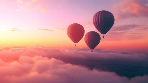Sunrise ascent of hot air balloons above pastel clouds.