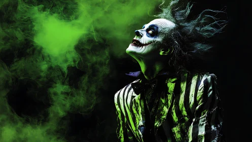 Neon green spectral clown portrait in toxic swirling fog