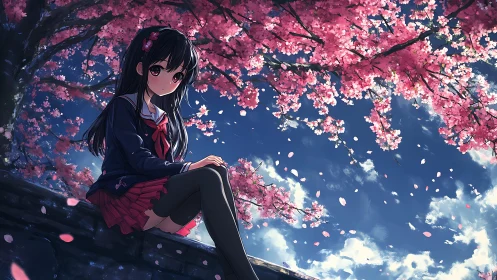 Schoolgirl seated under cherry blossoms against sky.
