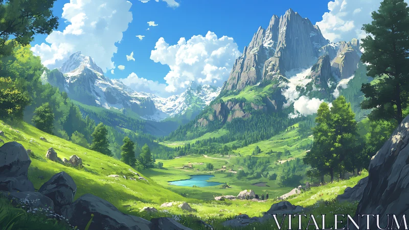 Sunlit mountain valley where quiet meadows meet the sky.