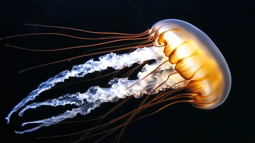Glowing orange jellyfish drifting through dark ocean water.