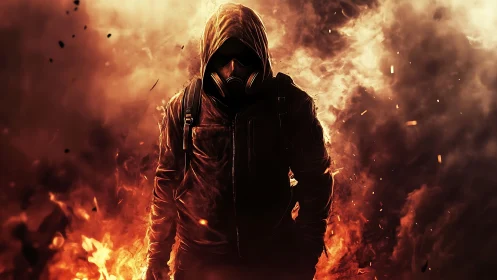 Hooded gas mask figure standing in burning fiery smoke.
