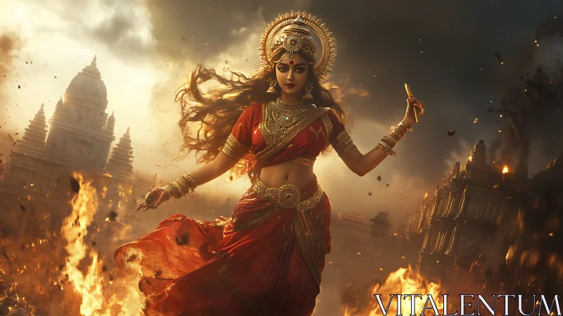 Divine warrior goddess amid incendiary temple skyline.