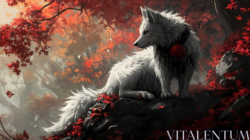 Autumn shrine wolf rests beneath a storm of crimson leaves.