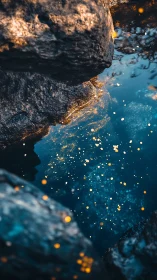 Photographic study of rocky pool with luminous bokeh drift.