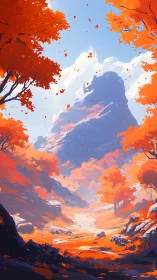 Mountain valley with orange autumn trees under clear sky.