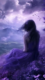 Atmospheric violet hillside study with contemplative figure.