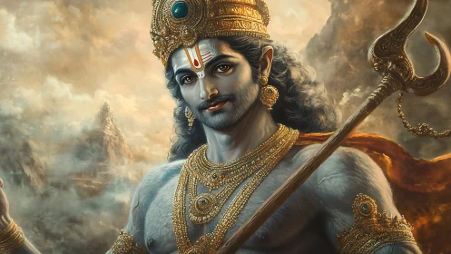 Divine warrior deity with trident amid mythic mountain mist.